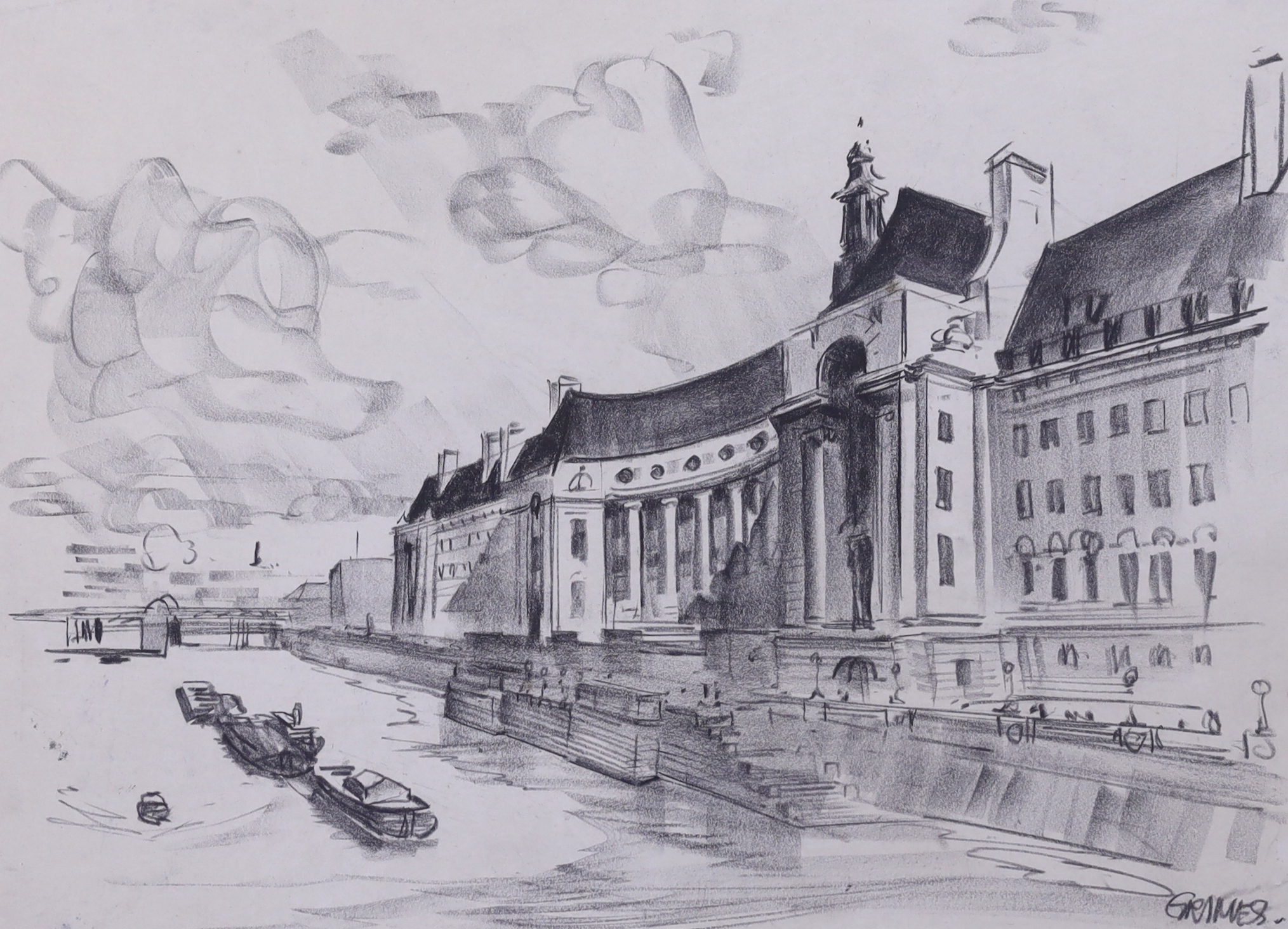 Leslie Grimes (1897-1983), charcoal drawing, 'The London County Hall', signed, various inscriptions verso including cartoonist of The Star, 48 x 34cm